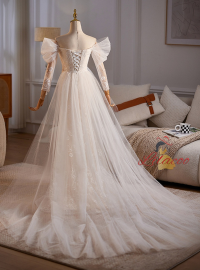 White Mermaid Tulle Lace Pleats Wedding Dress