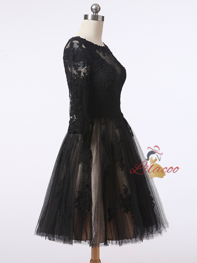 Black Tulle Lace Short Sleeve Homecoming Dress