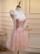 Pink Tulle Appliques Homecoming Dress