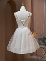 White Tulle Straps Pearls Homecoming Dress