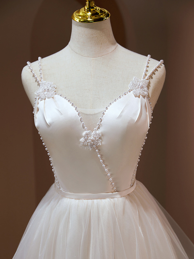 White Tulle Straps Pearls Homecoming Dress