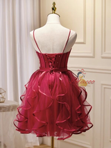 Burgundy Tulle Straps Pearls Homecoming Dress