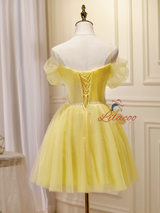 Yellow Tulle Straps Pleats Homecoming Dress