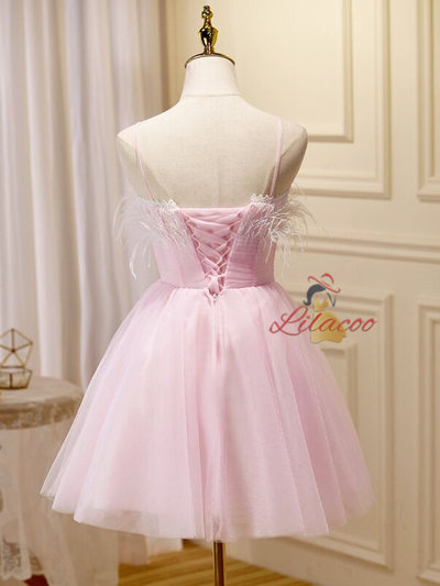 Pink Tulle Spaghetti Straps Pleats Homecoming Dress