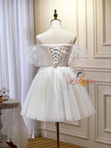 White Tulle Lace Beading Homecoming Dress