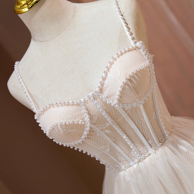 Ivory Tulle Straps Lace Pearls Homecoming Dress