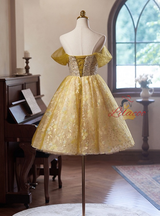 Yellow Tulle Sequins Flower Homecoming Dress