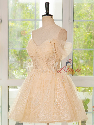 Champagne Tulle Pleats Homecoming Dress