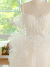 White Tulle Straps Pearls Homecoming Dress