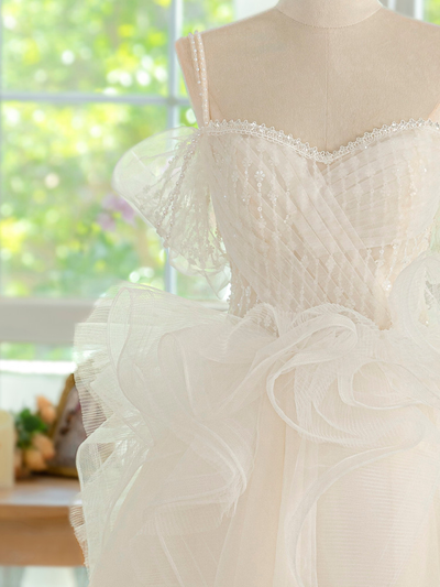 White Tulle Straps Pearls Homecoming Dress