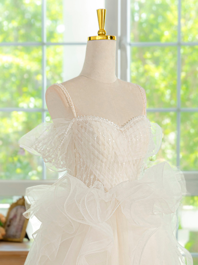 White Tulle Straps Pearls Homecoming Dress