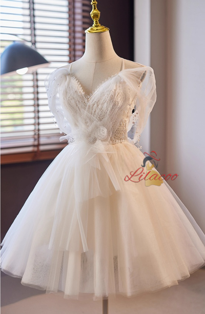 White Tulle Lace Pleats Wedding Dress