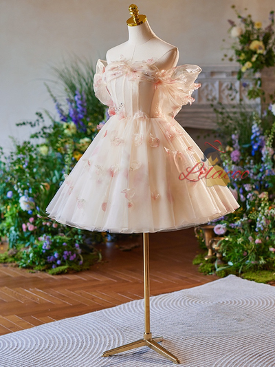 Champagne Tulle 3D Flower Homecoming Dress