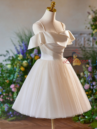 Champagne Tulle Straps Pleats Homecoming Dress