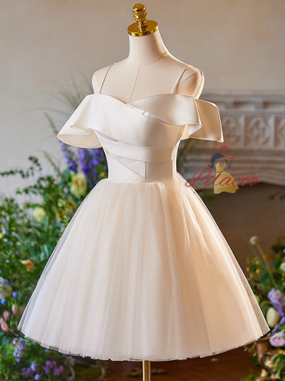 Champagne Tulle Straps Pleats Homecoming Dress