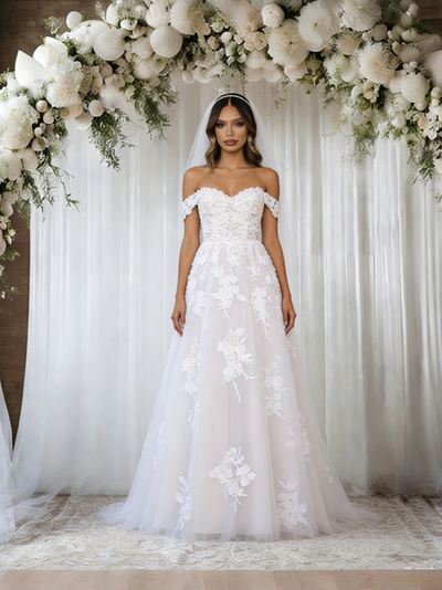 White Tulle Off the Shoulder Lace Wedding Dress