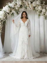White V-neck Long Sleeve Wedding Dress