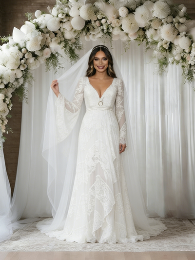White V-neck Long Sleeve Wedding Dress