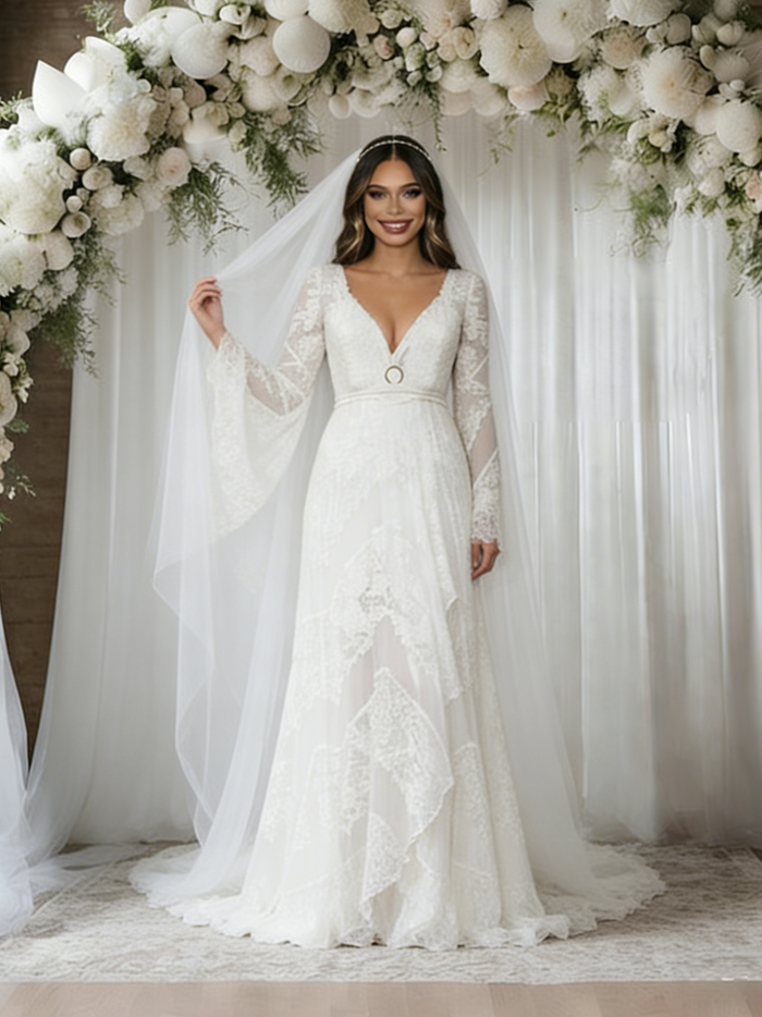 White V-neck Long Sleeve Wedding Dress