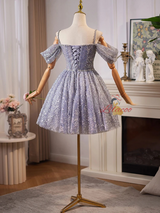 Blue Tulle Sequins Straps Homecoming Dress