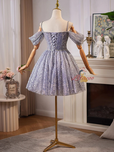 Blue Tulle Sequins Straps Homecoming Dress