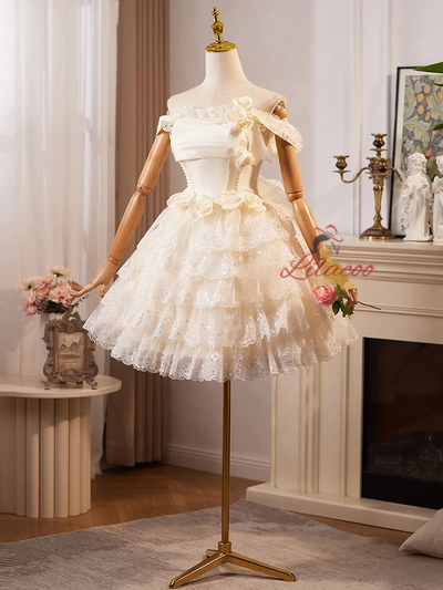 Champagne Lace Tiers Homecoming Dress