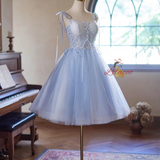Blue Tulle Lace Straps Homecoming Dress