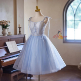 Blue Tulle Lace Straps Homecoming Dress