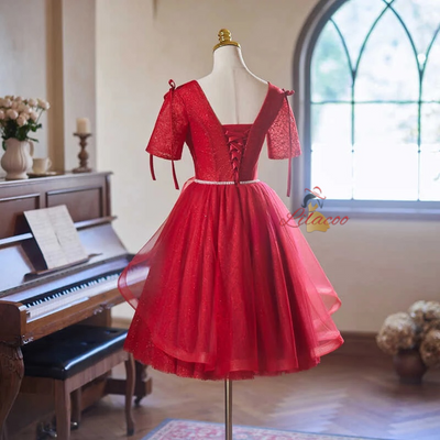 Burgundy Tulle Sequins Homecoming Dress