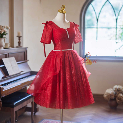 Burgundy Tulle Sequins Homecoming Dress
