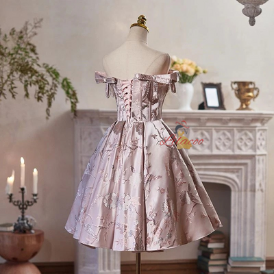 Pink Satin Embroidery Bow Homecoming Dress
