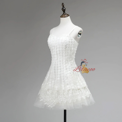White Tulle Lace Spaghetti Straps Homecoming Dress