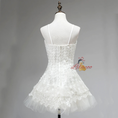 White Tulle Lace Spaghetti Straps Homecoming Dress