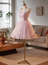 Pink Tulle Spaghetti Straps Homecoming Dress