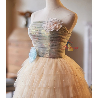 Champagne Tulle Tiers Pearls Homecoming Dress