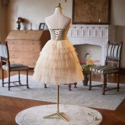 Champagne Tulle Tiers Pearls Homecoming Dress