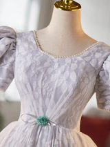 Gray Tulle Lace Puff Sleeve Homecoming Dress