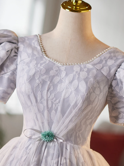 Gray Tulle Lace Puff Sleeve Homecoming Dress