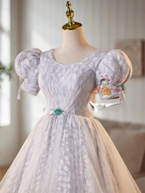Gray Tulle Lace Puff Sleeve Homecoming Dress