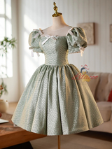Green Puff Sleeve Bow Homecoming Dress