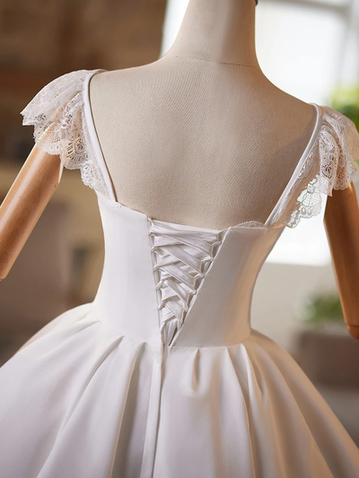 White Satin Lace Straps Pleats Homecoming Dress