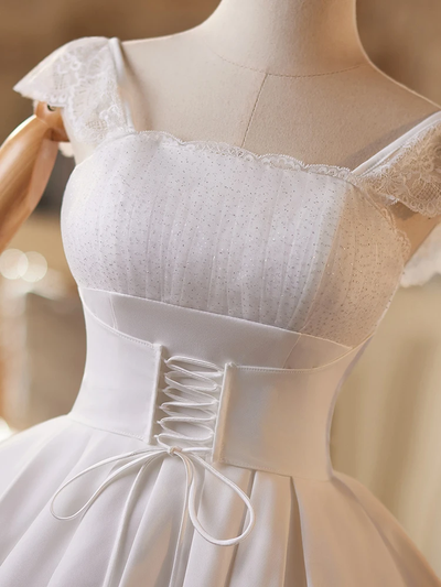 White Satin Lace Straps Pleats Homecoming Dress