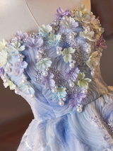 Blue Tulle Sequins Flower Homecoming Dress