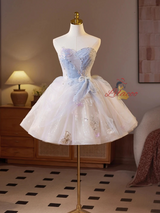 Light Blue Tulle Strapless Pearls Homecoming Dress