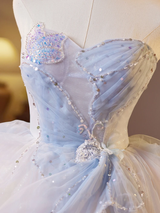 Light Blue Tulle Strapless Pearls Homecoming Dress