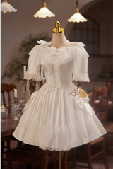 White Satin Lace Short Sleeve Bow Homecoming Dress