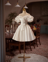 White Satin Puff Sleeve Lace Homecoming Dress