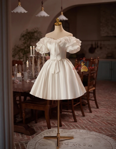 White Satin Puff Sleeve Lace Homecoming Dress
