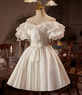 White Satin Puff Sleeve Lace Homecoming Dress