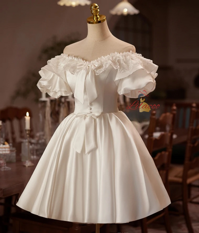 White Satin Puff Sleeve Lace Homecoming Dress